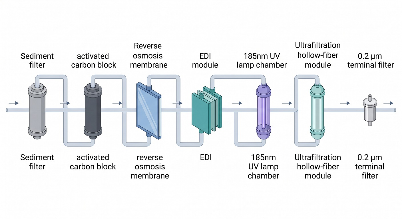 Sequential diagram of type 1 water purification stages from pretreatment through reverse osmosis, EDI, UV photo-oxidation, ultrafiltration, and terminal filtration