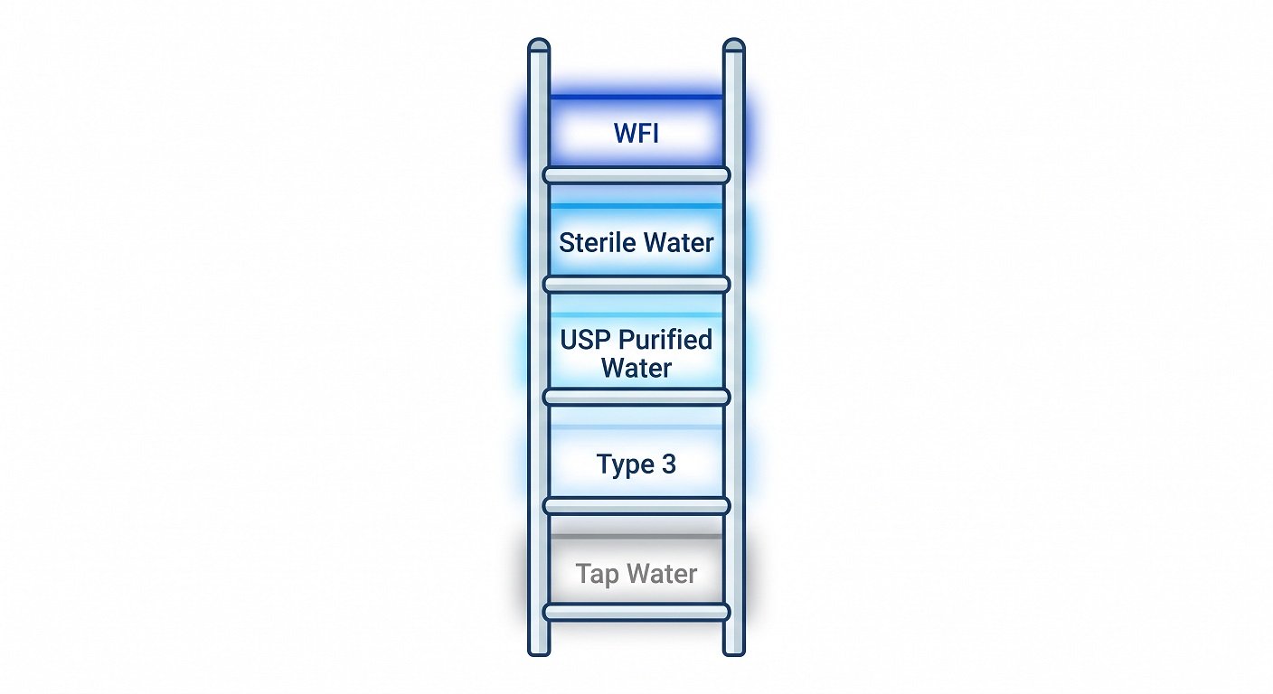A visual ladder diagram showing the ascending grades of medical grade water from tap water at the bottom to WFI at the top