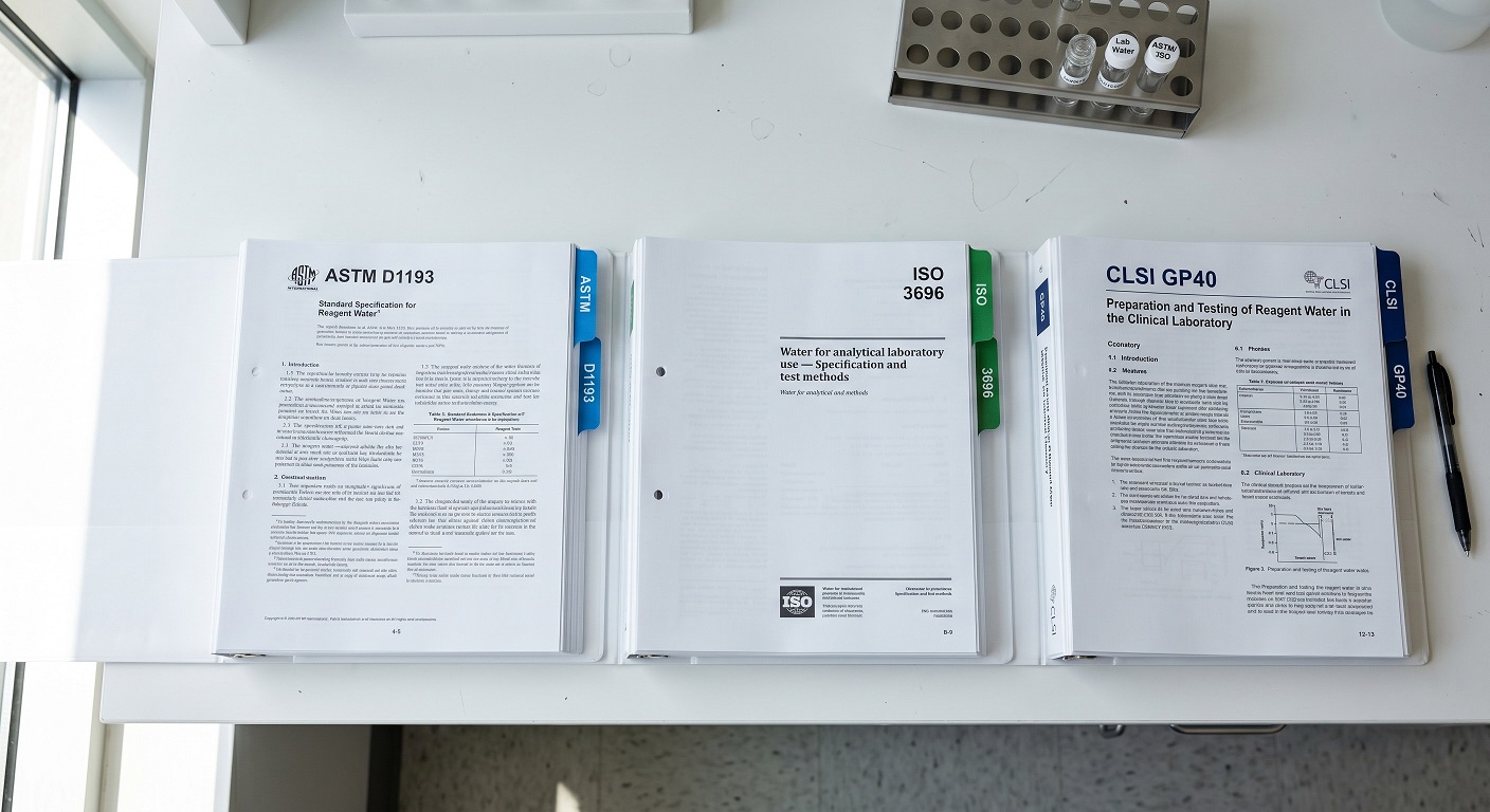 A comparison chart showing ASTM, ISO, and CLSI water purity standards on a laboratory workbench