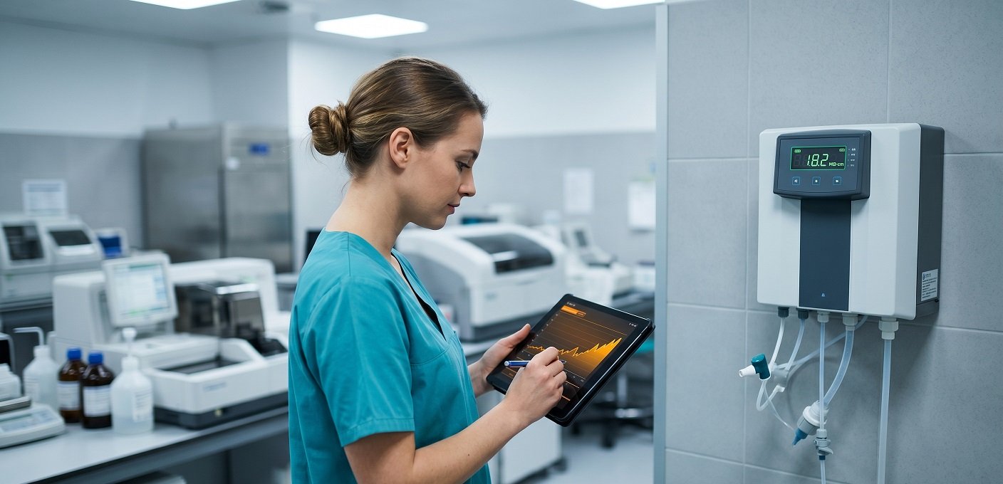 A laboratory technician reviewing water quality trend charts on a tablet next to a water purification system