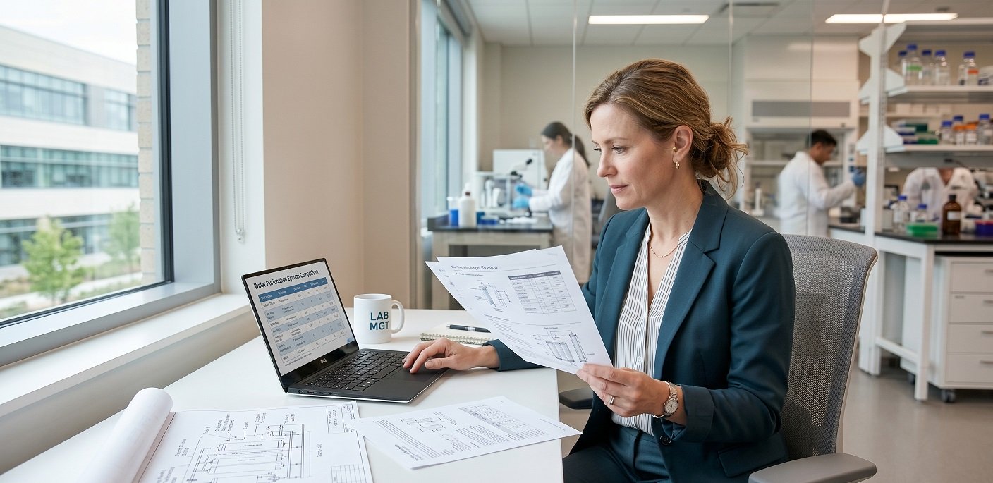 Laboratory manager reviewing procurement documentation for a dedicated water purification system alongside workflow purity specification sheets