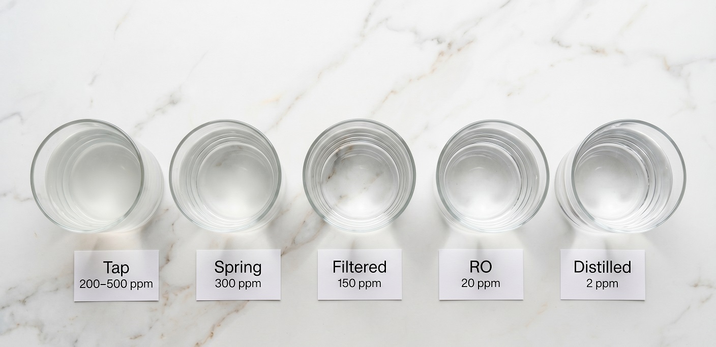 Side-by-side glass containers showing different water types from murky tap water to crystal-clear distilled water, labeled with TDS levels