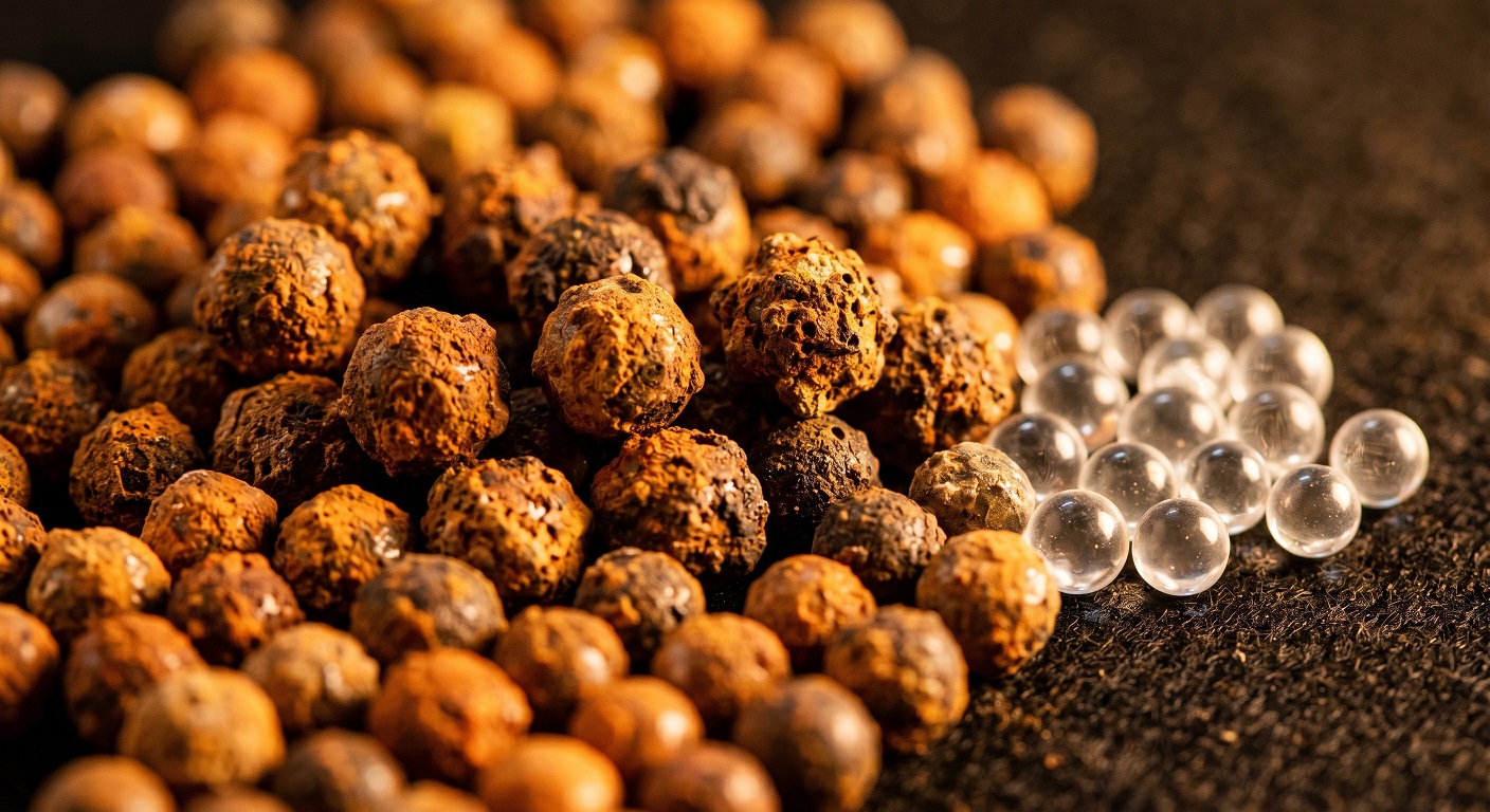 Close-up of TAC media beads coated with orange-brown iron deposits, illustrating how well water iron fouls salt-free conditioner media