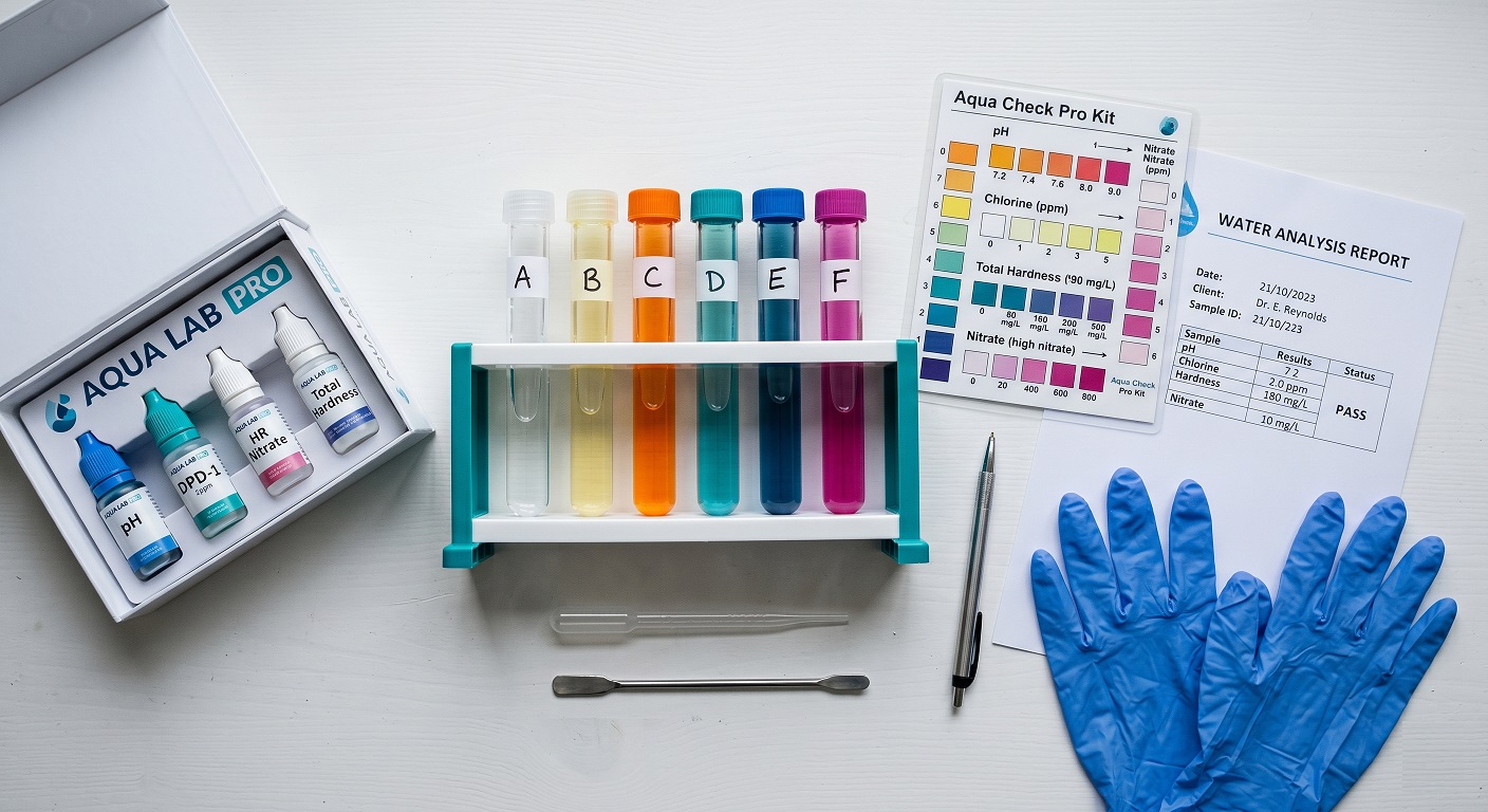 Water testing kit with test tubes and laboratory vials for checking well water contaminants