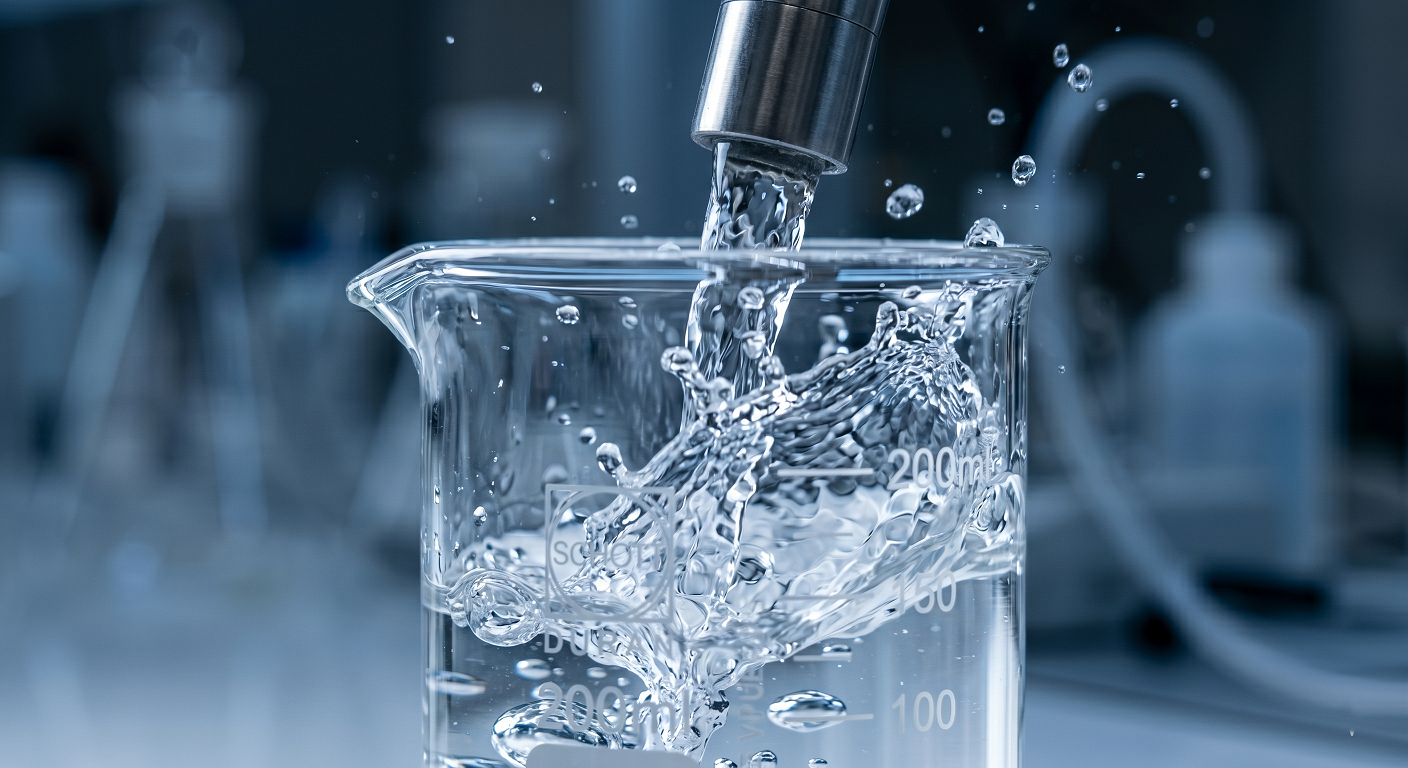 Close-up of crystal-clear deionized water flowing from a laboratory filtration system into a glass beaker, representing water purity